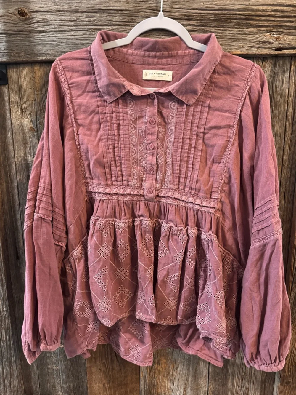 Lucky Brand Dusty Rose Boho Embroidered Peplum Top XL Oversized Eyelet Blouse - Picture 5 of 8